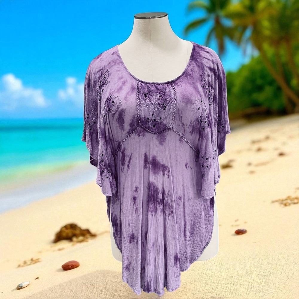 Step In‎ Style Boho Tunic Top Purple Tie Dye Embroidered Festival NWT One SZ